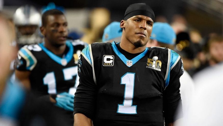 Carolina Panthers quarterback Cam Newton looks pained as he walks the sideline while the Denver Broncos run the clock down in the fourth quarter in Super Bowl 50 at Levi's Stadium in Santa Clara Calif. on Sunday Feb. 7 2016. The Broncos won