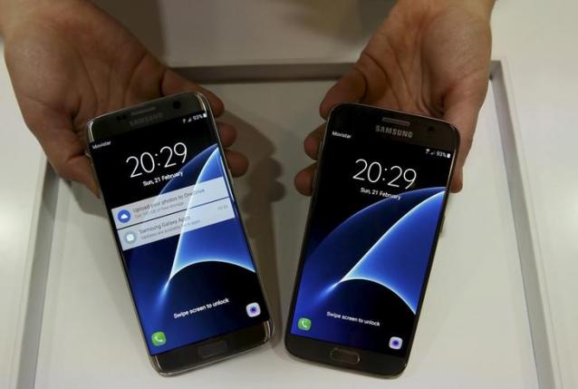 New Samsung S7 and S7 edge smartphones are displayed after their unveiling ceremony at the Mobile World Congress in Barcelona Spain