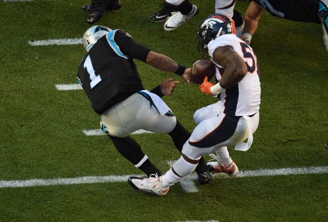 Broncos linebacker Von Miller strips the ball from Panthers quarterback Cam Newton in Super Bowl 50. It led to a Denver touchdown