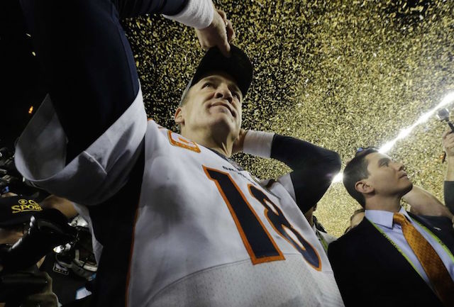 Denver Broncos quarterback Peyton Manning walks on the field after their win against the Carolina Panthers in Super Bowl 50 on Sunday Feb. 7 2016 in Santa Clara Calif. AP