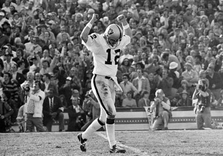 Raiders quarterback Ken Stabler celebrated after completing a touchdown pass in Super Bowl XI