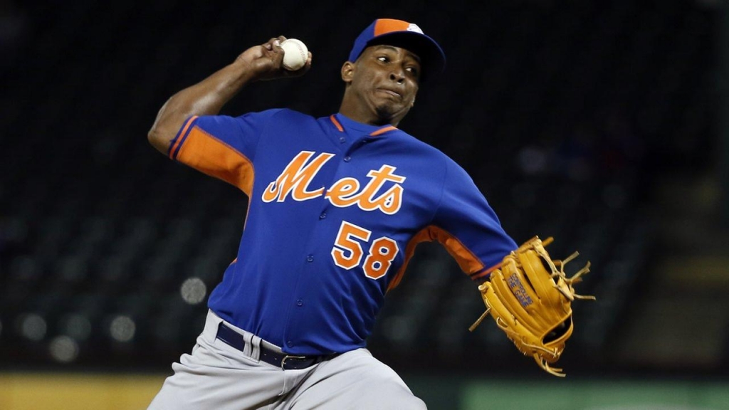 New York Mets relief pitcher Jenrry Mejia delivers to the Texas Rangers in the eighth inning of a exhibition baseball game Friday