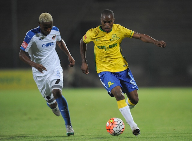 Asavela Mbekile of Mamelodi Sundowns is challenged by Thamsanqa Sangweni of Chippa United during the Absa Premiership match between Mamelodi Sundowns and Chippa United on 02 February 2016 at Lucas Moripe Stadium. BackpagePix