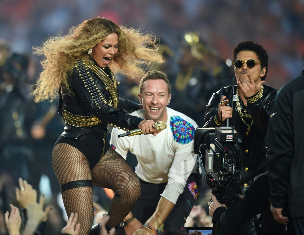 Beyonce Coldplay's Chris Martin and Bruno Mars perform during Super Bowl 50 halftime show