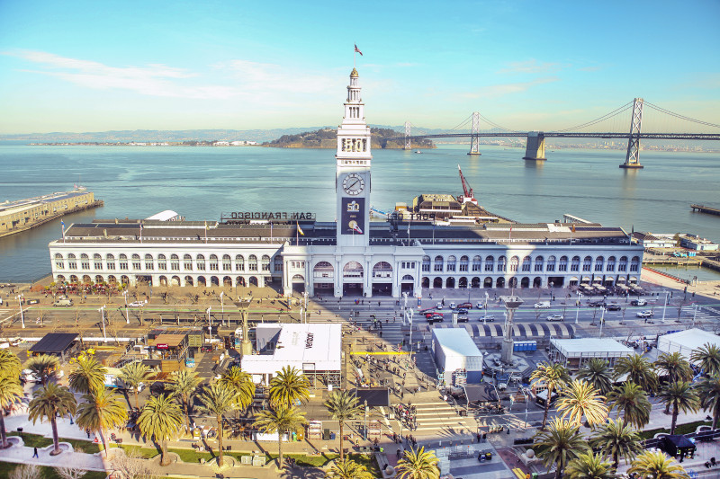 Super Bowl City along The Embarcadero is spread throughout Justin Herman Plaza and Sue Bierman Park