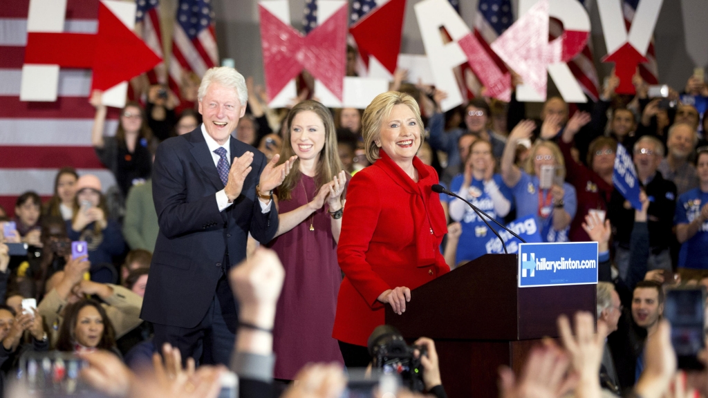 Hillary Clinton accompanied by her husband former President Bill Clinton and their daughter Chelsea Clinton during a campaign event this year