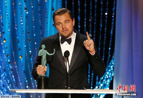 Best actor for the role at the Screen Actors Guild Awards went to Leonardo DiCaprio. The Oscar-nominated star and environmentalist spoke backstage about facing brutal unpredictable weather while filming'The Revenant and a passion project about climate