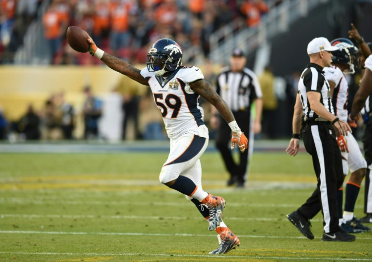 AFP  Timothy A. Clary Denver Bronco Danny Trevathan celebrates during Super Bowl 50 against the Carolina Panthers at Levi's Stadium in Santa Clara California