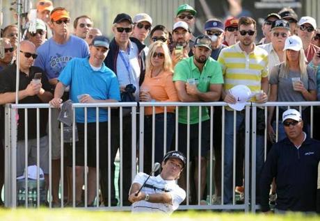 Pacific Palisades CA USA Bubba Watson hits onto the eighteenth green during the third round of the Northern Trust Open golf tournament at Riviera Country Club. Mandatory Credit Gary A. Vasquez-USA TODAY Sports