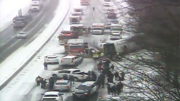 Bus overturns on I-95 in Madison Conn