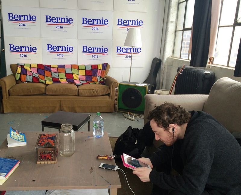 Organizer Joshua Youngerman makes calls on Democrats in Oklahoma seeking support for Bernie Sanders