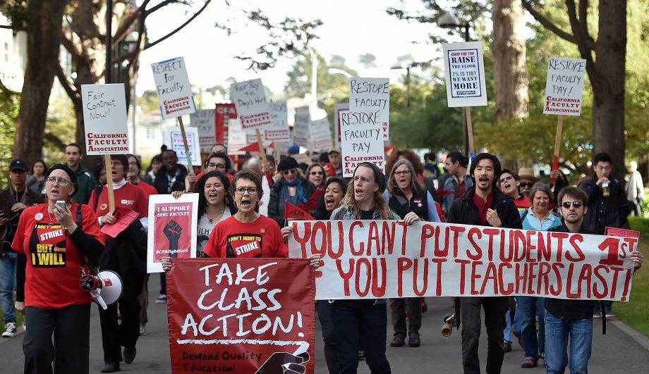 The California Faculty Association organized the protest to help faculty members express their desire for a 5% increase in their salaries to keep up with the high cost of