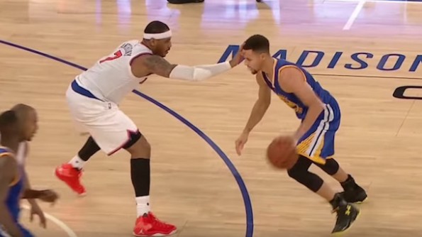 Carmelo Anthony stiff arm Steph Curry