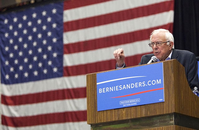 Senator Bernie Sanders speaks to a crowd of over 10,000 during a campaign rally in Madison Wisconsin