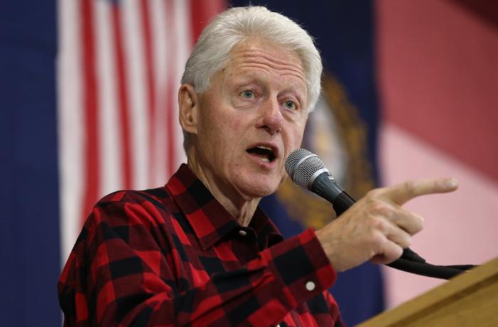 MILFORD NH- FEBRUARY 07 Former U.S. President Bill Clinton campaigns for his wife Democratic presidential candidate Hillary Clinton during a campaign event at Milford Junior High School