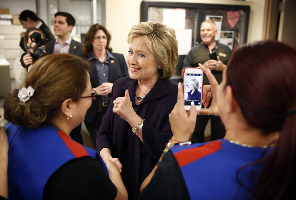 Democratic presidential candidate Hillary Clinton meets with employees of Paris Las Vegas during a visit to the hotel and casino Thursday Feb. 18 2016 in Las Vegas. Clinton has the edge over her Democratic presidential rival Bernie Sanders when it