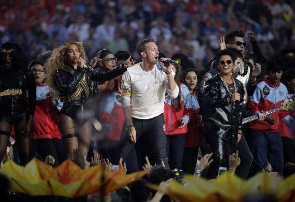 Coldplay performed with Beyonce and Bruno Mars at the Super Bowl