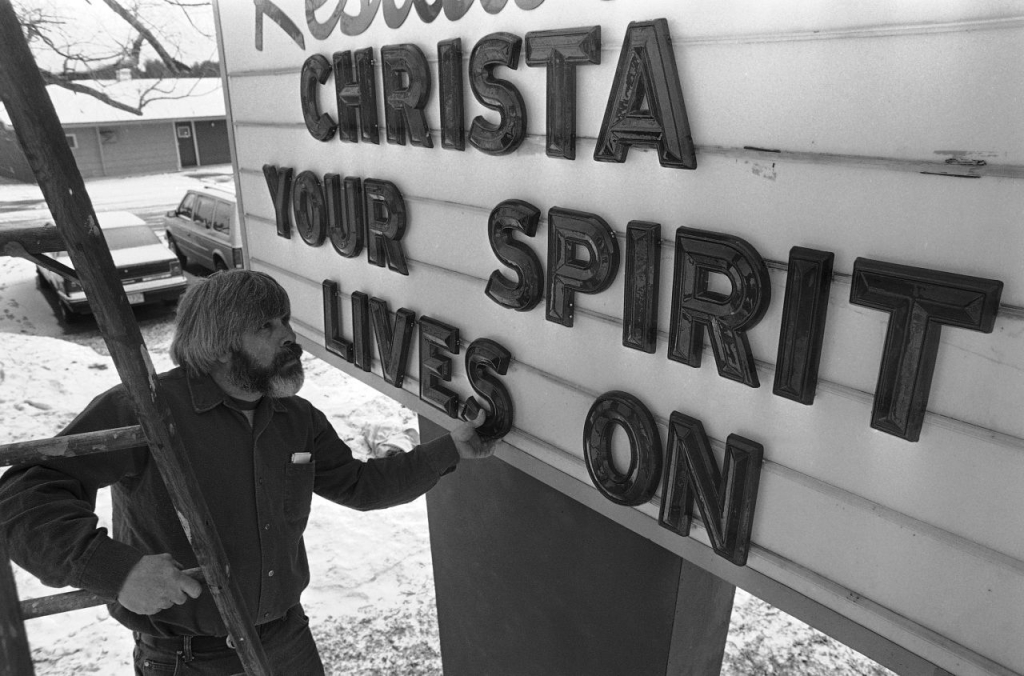 A billboard outside a Concord New Hampshire motel in January 1986 in honor of Concord High teacher Christa McAuliffe who died aboard the Space Shuttle Challenger