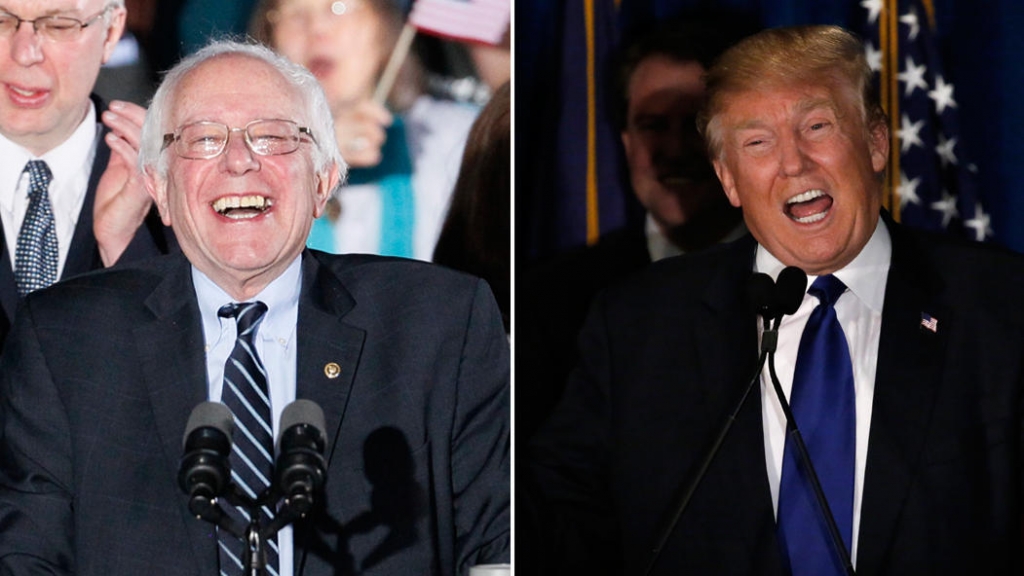 Democratic presidential candidate Bernie Sanders left and Republican presidential candidate Donald Trump after winning the 2016 New Hampshire primaries