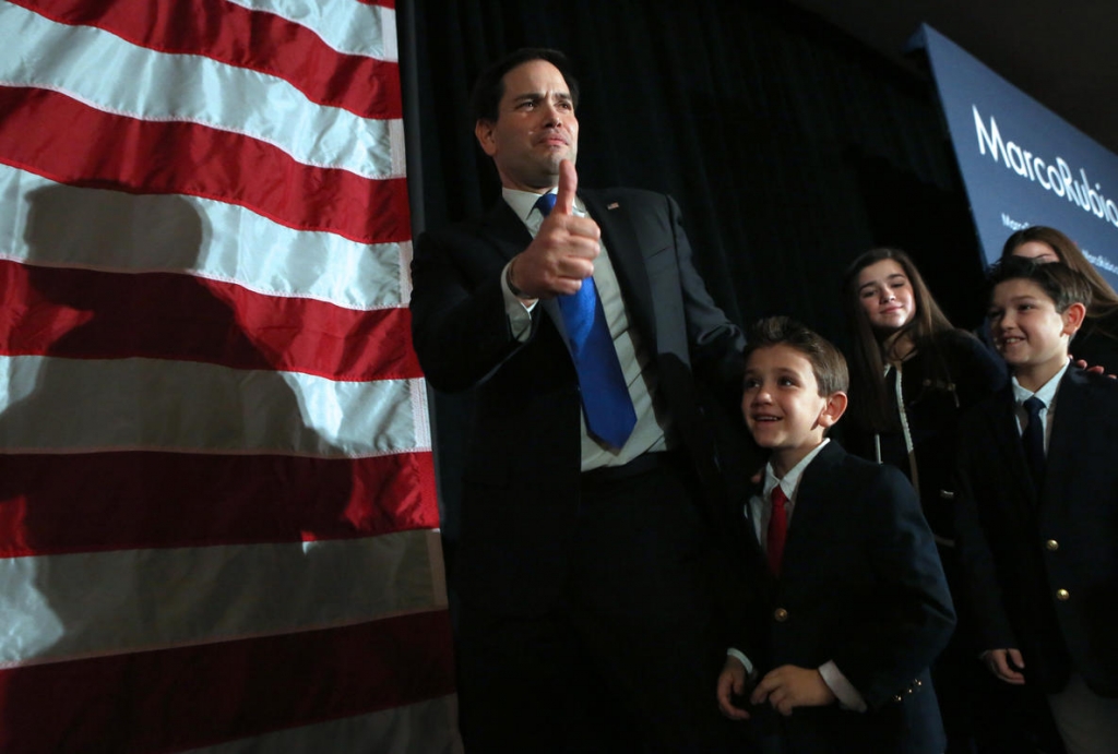 Credit Angela Rowlings        DISAPPOINTED Flordia U.S. Sen. Marco Rubio departs from his primary night rally with his family last night