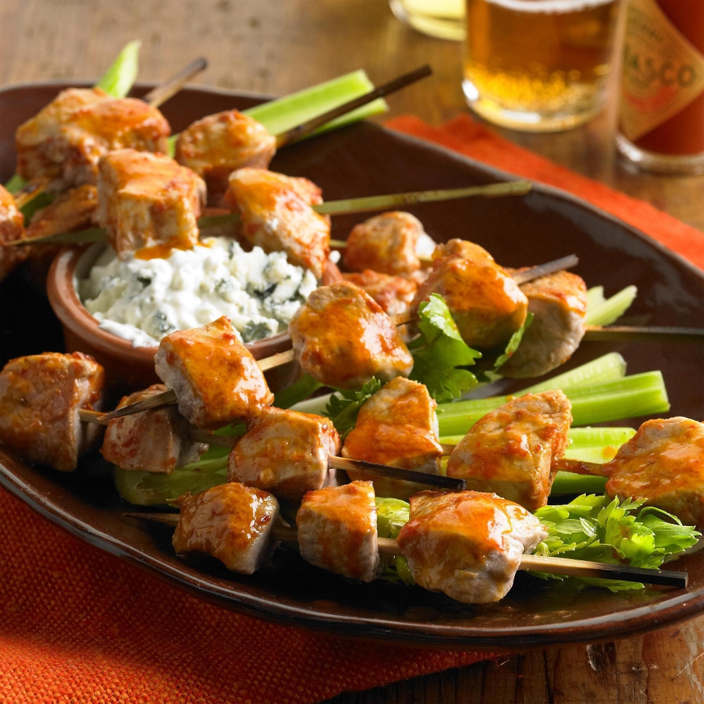 Credit National Pork Board           Buffalo Pork Skewers with Blue Cheese Sauce