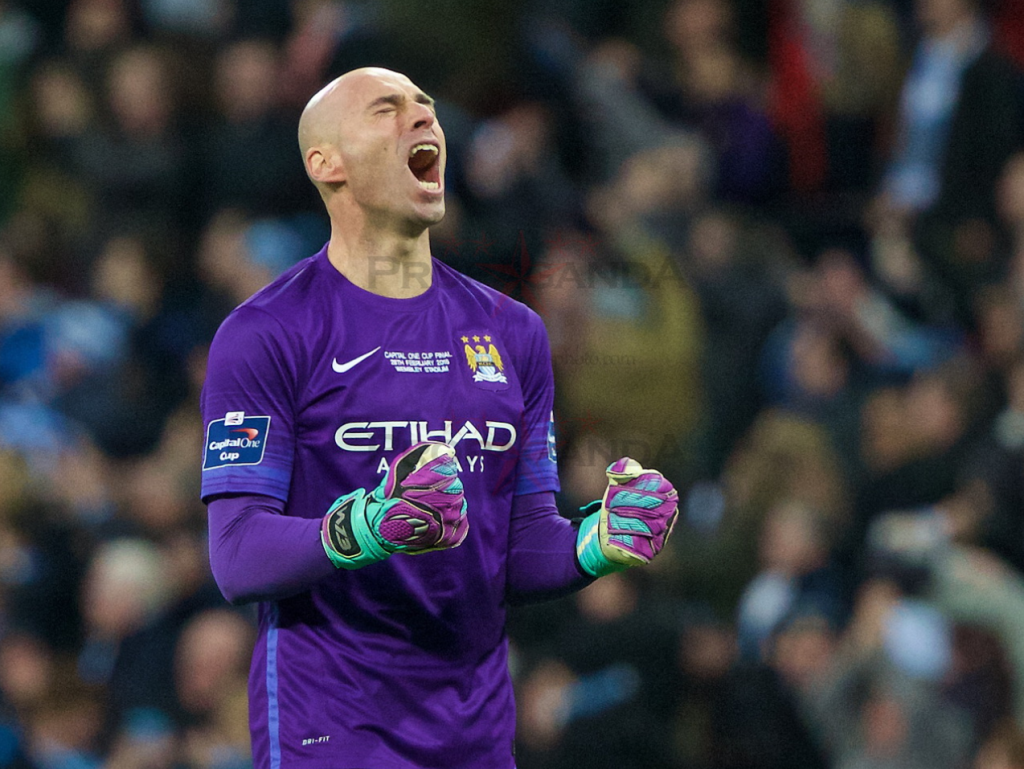 Manchester City goalkeeper Willy Caballero saved three Liverpool shoot-out penalties in the Capital One Cup Final at Wembley. Pic