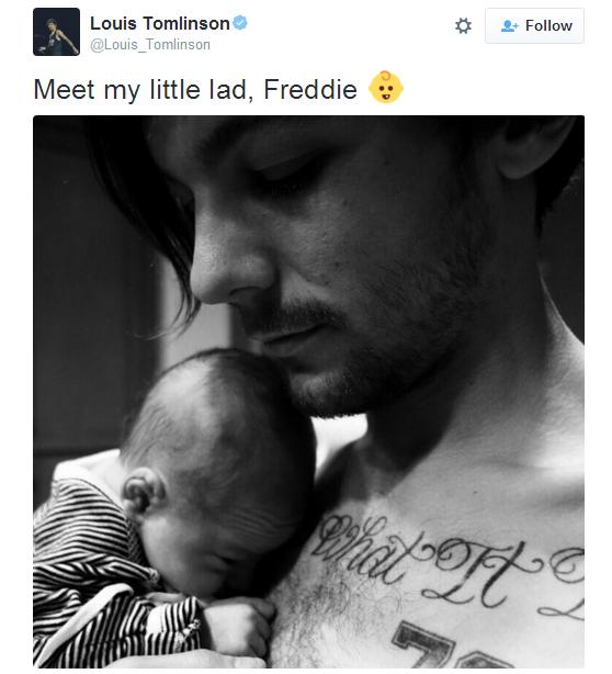 1D’S NEWEST MEMBER? One Direction’s Louis Tomlinson introduces to the world his newborn son Freddie. SCREENGRAB FROM TOMLINSON’S TWITTER ACCOUNT