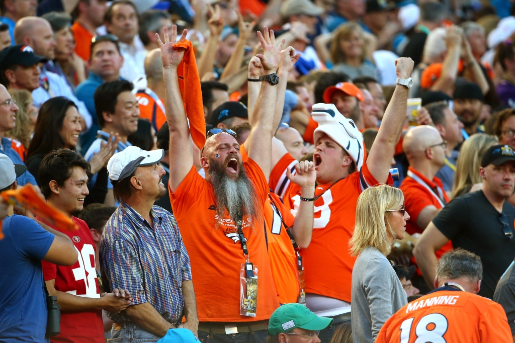 Denver Broncos fans celebrate during Super Bowl 50 at Levi's Stadium. The Broncos beat the Carolina Panthers 24-10