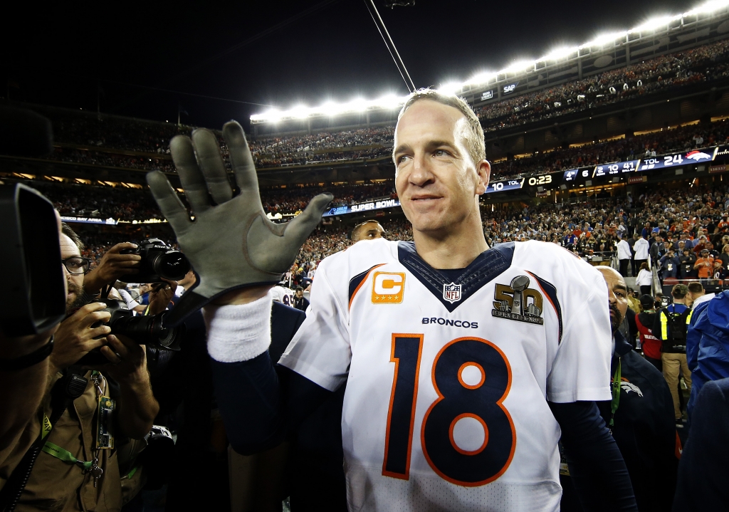 Peyton Manning #18 of the Denver Broncos celebrates after defeating the Carolina Panthers during Super Bowl 50 at Levi's Stadium