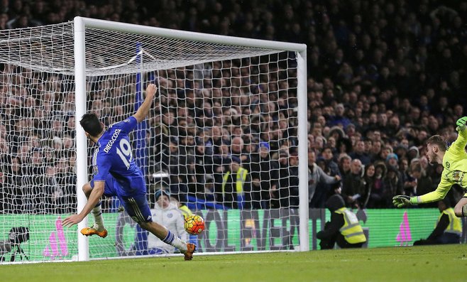 Chelsea's Diego Costa scores a goal during the English Premier League soccer match between Chelsea and Manchester United at Stamford Bridge stadium in London Sunday Feb. 7 2016