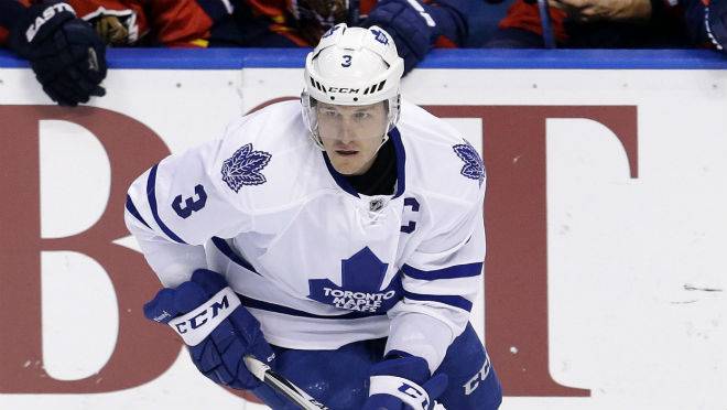 Toronto Maple Leafs defenseman Dion Phaneuf skates with the puck during the second period of an NHL hockey game against the Florida Panthersin Sunrise Fla. on Jan. 26 2016