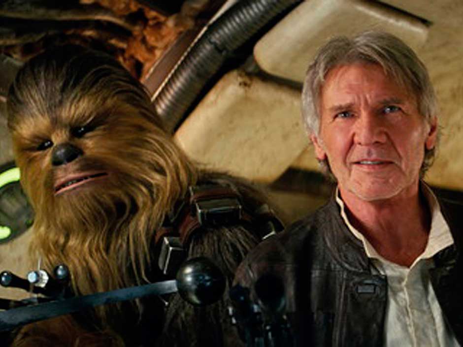 Peter Mayhew as Chewbacca and Harrison Ford as Han Solo in'Star Wars The Force Awakens