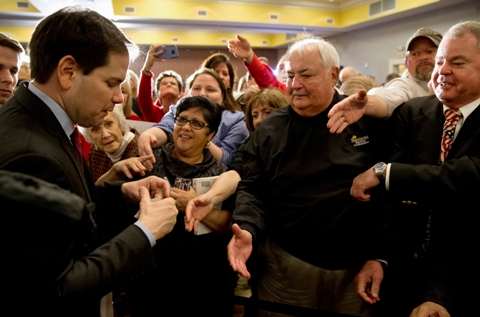 Republican presidential candidate Sen. Marco Rubio R-Fla. greets the crowd after speaking at a town hall meeting in Myrtle Beach S.C. Thursday Feb. 11 2016