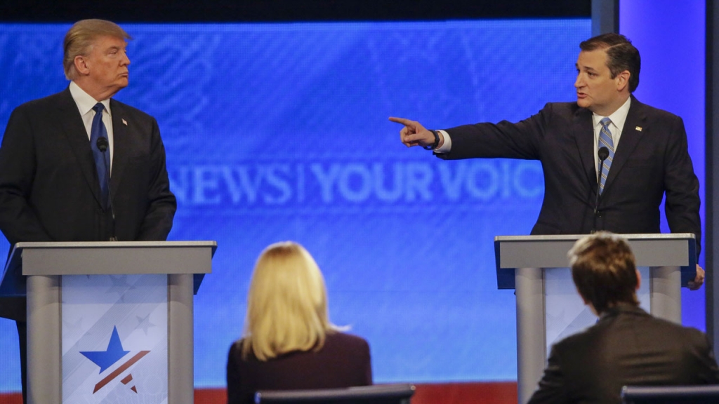 Donald Trump and Ted Cruz during a debate in New Hampshire