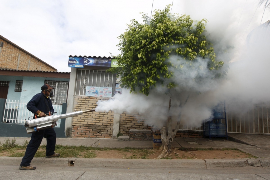 A municipal health worker carries out fumigation on a street as part of the city's efforts to prevent the spread of the Zika virus vector the Aedes aegypti mosquito in Tegucigalpa Honduras