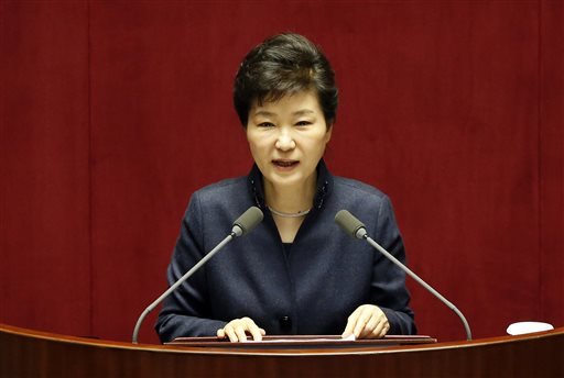 South Korean President Park Geun-hye delivers a speech at the National Assembly in Seoul South Korea Tuesday Feb. 16 2016. Park warned Tuesday that North Korea faces a collapse if it does not abandon its nuclear program in unusually strong language