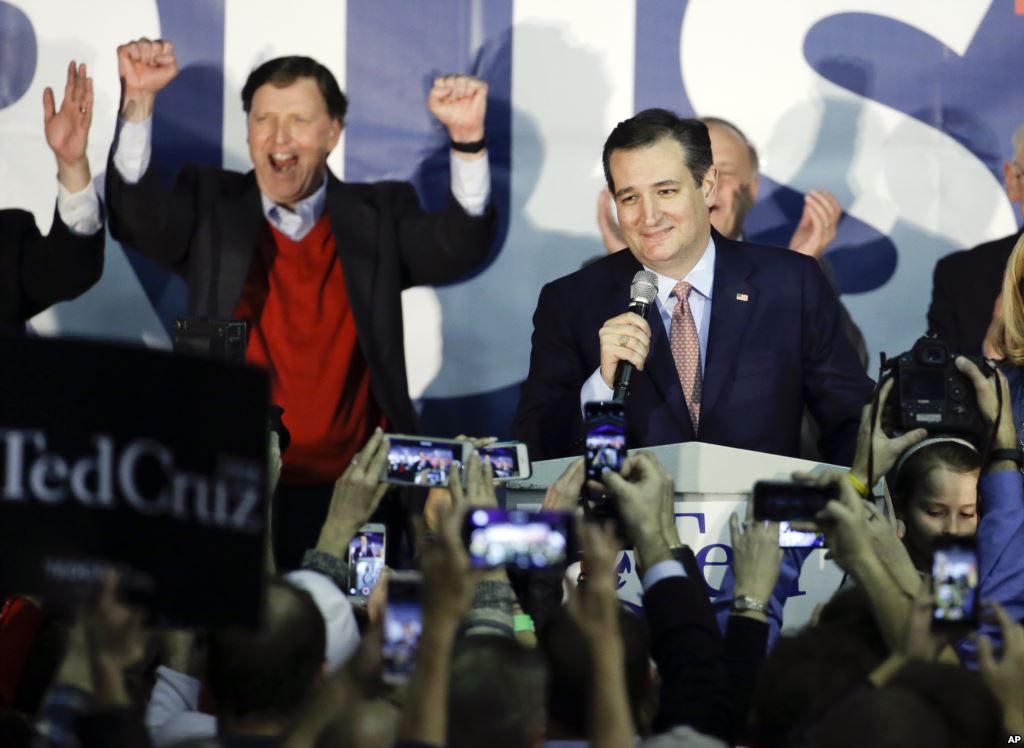 FILE- Republican presidential candidate Sen. Ted Cruz R-Texas speaks during a caucus night rally in Des Moines Iowa Feb. 1 2016