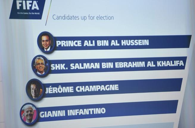 A monitor displays the names of the FIFA presidential candidates Prince Ali bin al-Hussein Sheikh Salman bin Ebrahim al-Khalifa Jerome Champagne and Gianni Infantino after Tokyo Sexwale withdrew his candidacy during the extraordinary FIFA Con