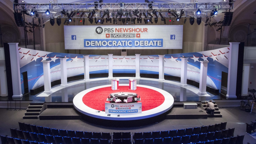 Final touches to the stage for Thursday's Democratic debate in Milwaukee