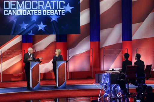 Democratic presidential candidate Sen. Bernie Sanders I-Vt and Democratic presidential candidate Hillary Clinton answer questions during a Democratic presidential primary debate hosted by MSNBC at the University of New Hampshire Thursday Feb. 4 201