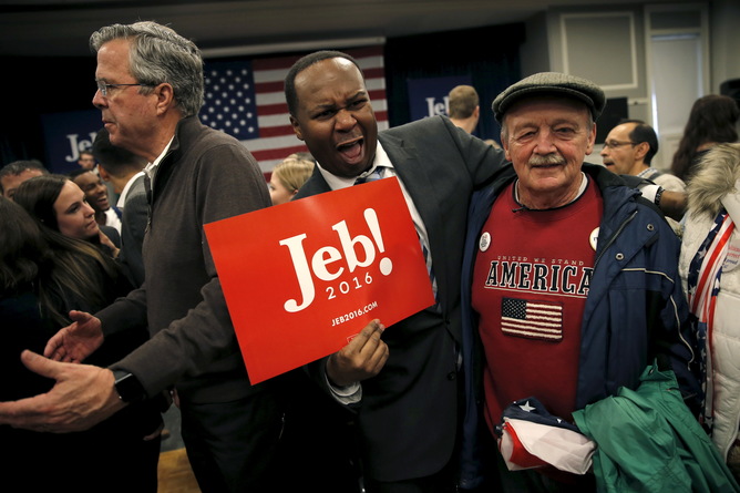 Former Florida Governor Jeb Bush with supporters in New London New Hampshire