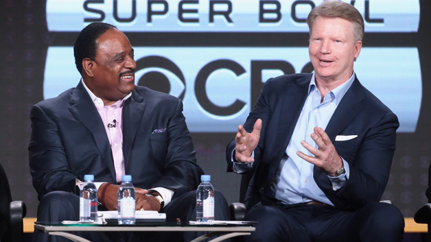 PASADENA CA- JANUARY 12  Host of THE SUPER BOWL TODAY James Brown and Analyst Super Bowl 50 Phil Simms speak onstage during the /'CBS Sports/&#039 panel discussion at the CBS  ShowtimeTelevision Group portion of the 2015 Winter TCA Tour at