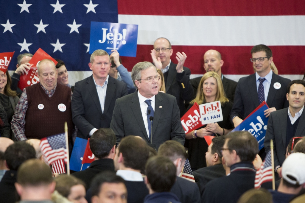 MANCHESTER NH- FEBRUARY 09 Republican presidential candidate Jeb Bush's addresses his supporters at his election night party at Manchester Community College