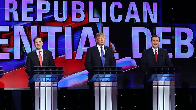 Republican presidential hopefuls Florida Sen. Marco Rubio, Donald Trump, and Texas Sen. Ted Cruz stand on stage for the Republican National Committee Presidential Primary Debate at the University of Houston Texas