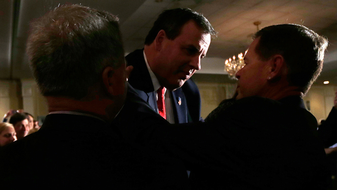 Republican presidential candidate New Jersey Gov. Chris Christie thanks supporters during a primary night rally in Nashua N.H. Tuesday Feb. 9 2016