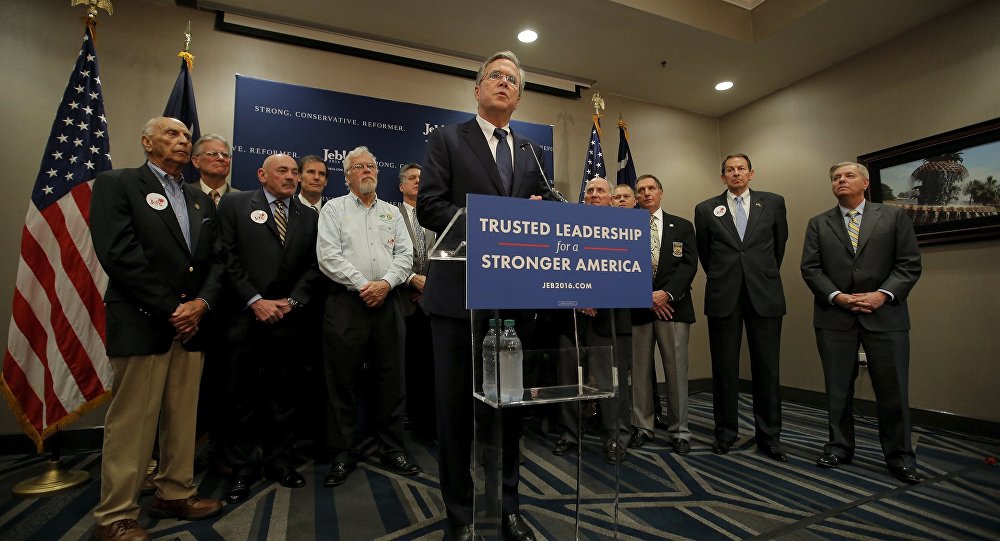 Republican presidential candidate Jeb Bush speaks after being endorsed by Senator Lindsey Graham in North Charleston South Carolina