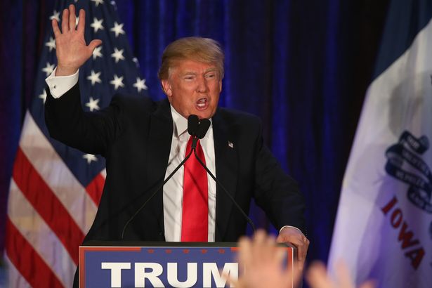 Republican presidential candidate Donald Trump speaks at his Iowa Caucus night gathering