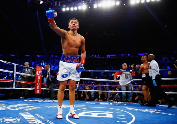 NEW YORK NY- OCTOBER 17 Gennady Golovkin celebrates his eigth round tko against David Lemieux during their WBA  WBC interim  IBF middleweight title unification bout at Madison Square Garden