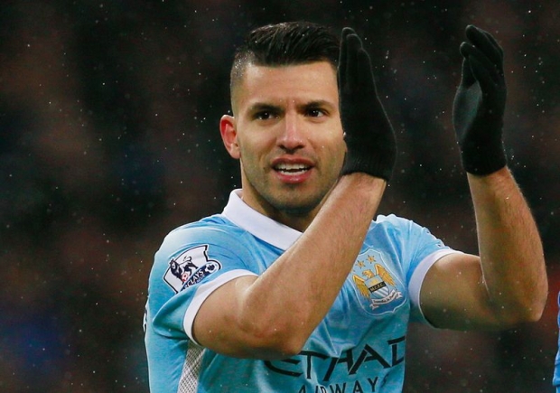 Sergio Aguero celebrates after scoring the third goal for Manchester City in the English Premier League match against Crystal Palace at the Etihad Stadium