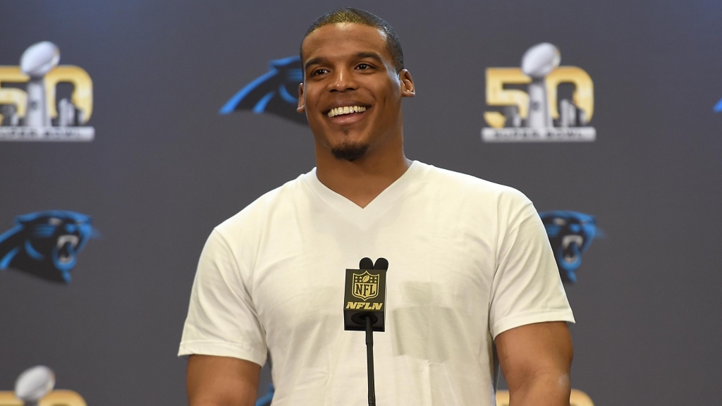 SAN JOSE CA- FEBRUARY 02 Quarterback Cam Newton #1 of the Carolina Panther addresses the media prior to Super Bowl 50 at the San Jose Convention Center San Jose Marriott